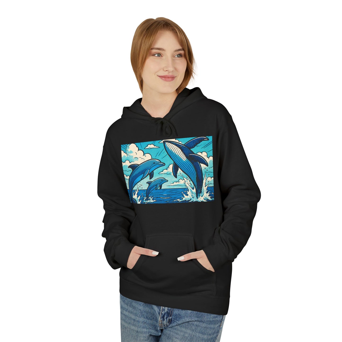 Dolphin Wave Hoodie - Unisex Fleece, Beach Vibes, Gift for Ocean Lovers, Nautical Style, Casual Wear, Summer Essentials