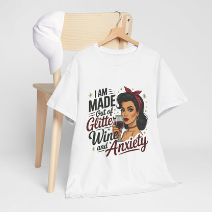 Glitter Wine & Anxiety Tee, Fun Unisex Cotton T-Shirt, Casual Gift for Wine Lovers, Relaxed Fit for Parties, Statement Top
