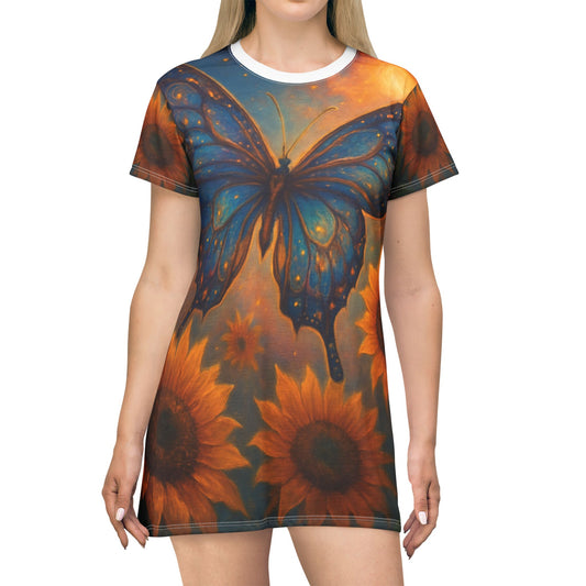 Butterfly & Sunflower T-Shirt Dress - Boho Chic Casual Wear, Summer Dress, Festival Outfit, Eco-Friendly Fashion, Unique Gift