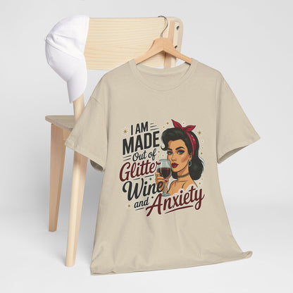 Glitter Wine & Anxiety Tee, Fun Unisex Cotton T-Shirt, Casual Gift for Wine Lovers, Relaxed Fit for Parties, Statement Top