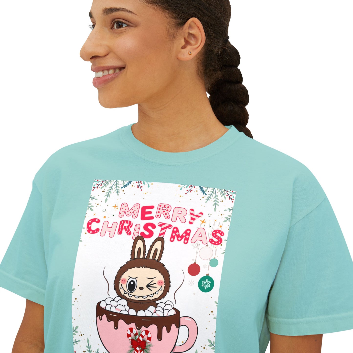 Merry Christmas Bunny Boxy Tee, Cute Christmas Shirt, Holiday Gift, Women's Christmas Top, Festive Tee for Girls