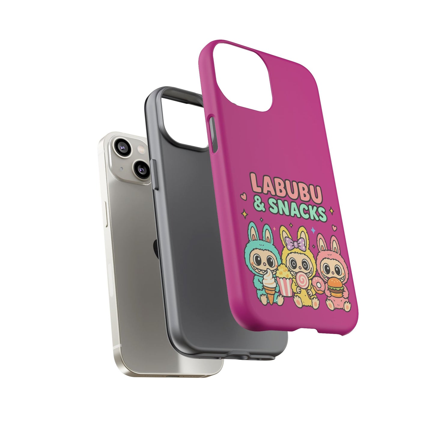 Cute Character Phone Case - Labubus & Snacks, Kawaii Accessories, Gift for Food Lovers, Fun Phone Cover, Cute Tech Gear