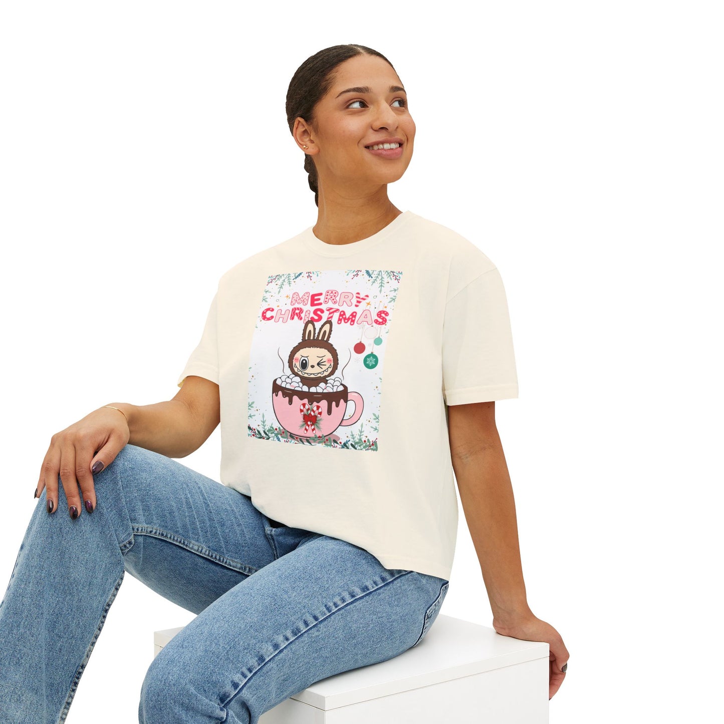 Merry Christmas Bunny Boxy Tee, Cute Christmas Shirt, Holiday Gift, Women's Christmas Top, Festive Tee for Girls