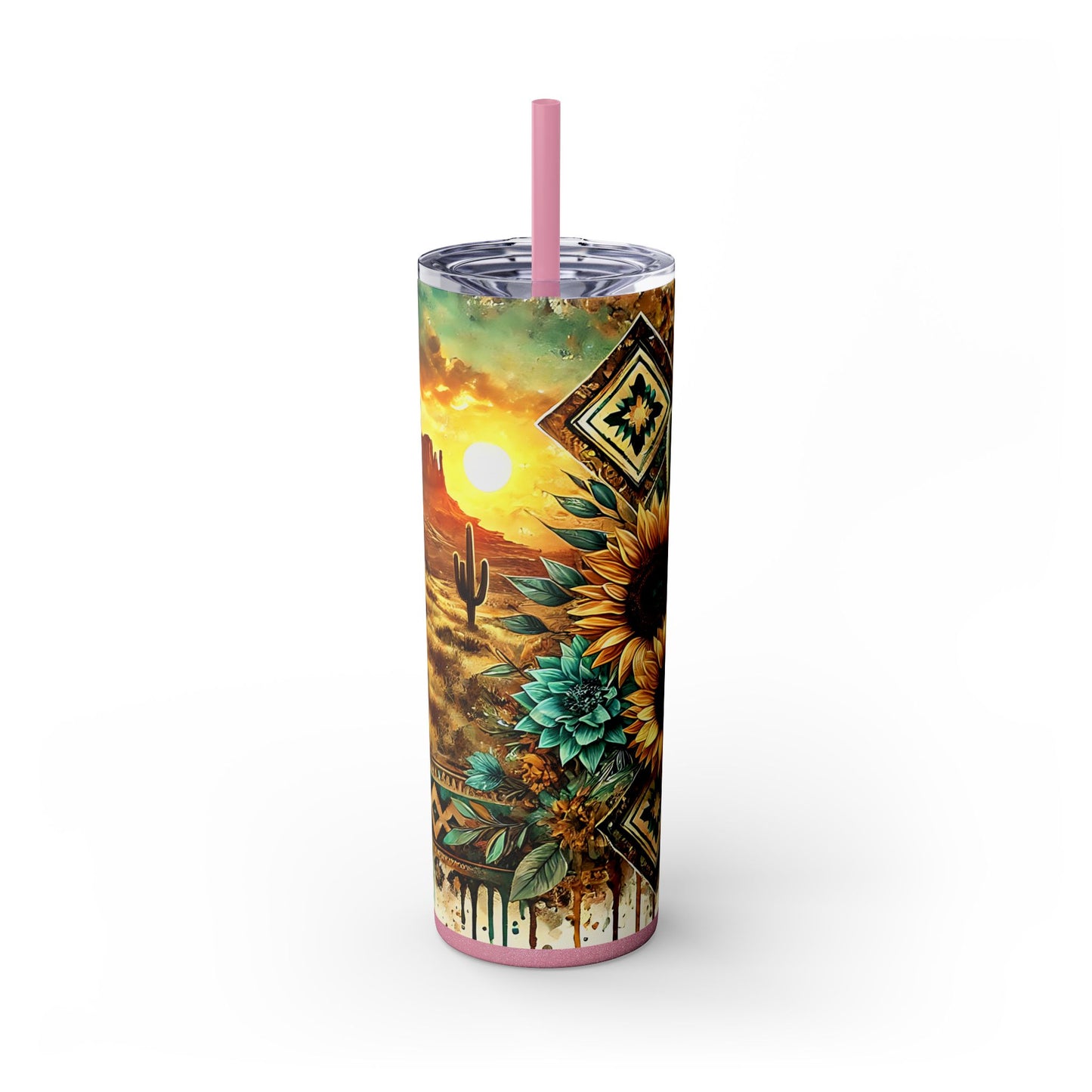 Desert Sunset Skinny Tumbler with Straw, 20oz - Cactus and Sunflower Design for Summer, Road Trips, Gifts, Outdoor Adventures