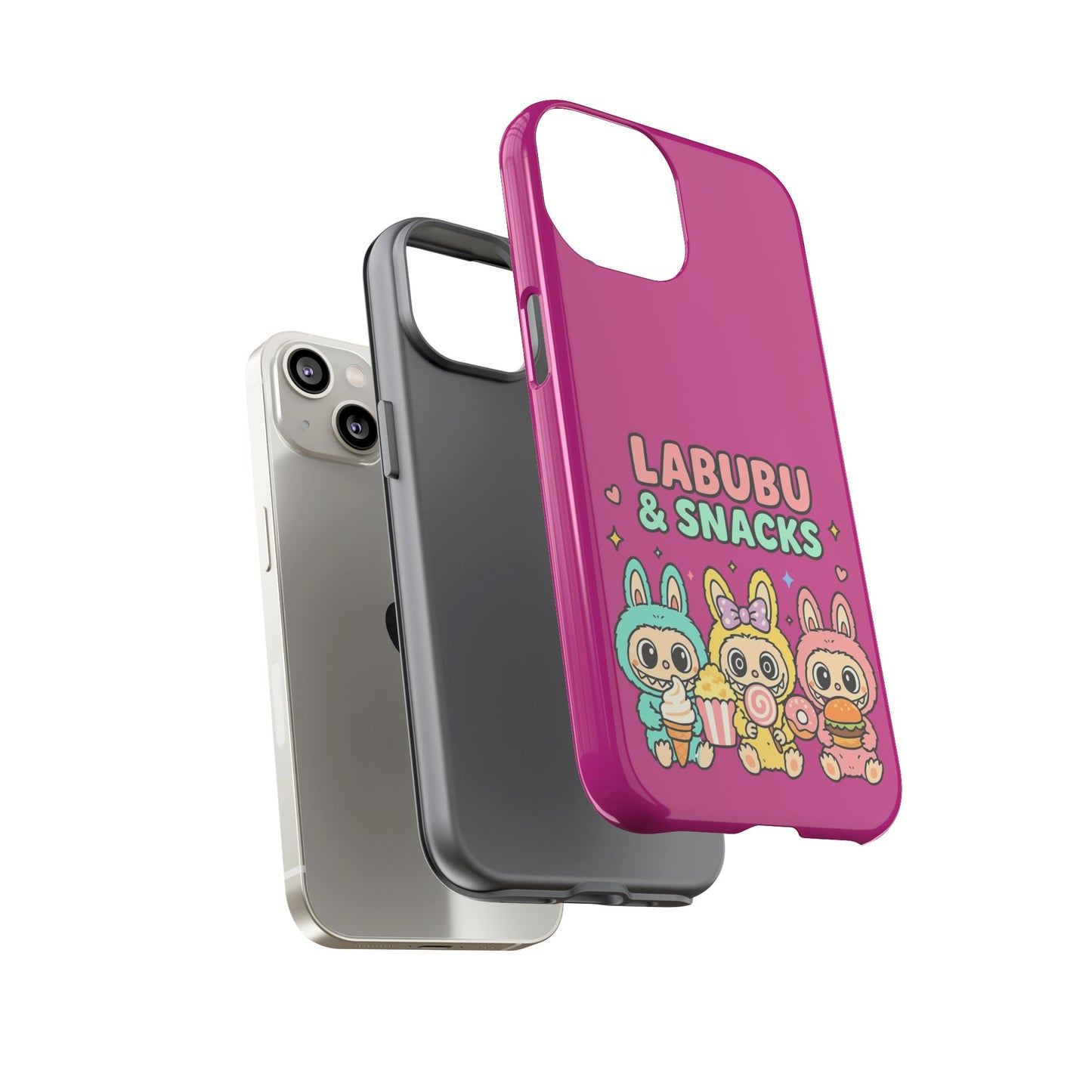 Cute Character Phone Case - Labubus & Snacks, Kawaii Accessories, Gift for Food Lovers, Fun Phone Cover, Cute Tech Gear