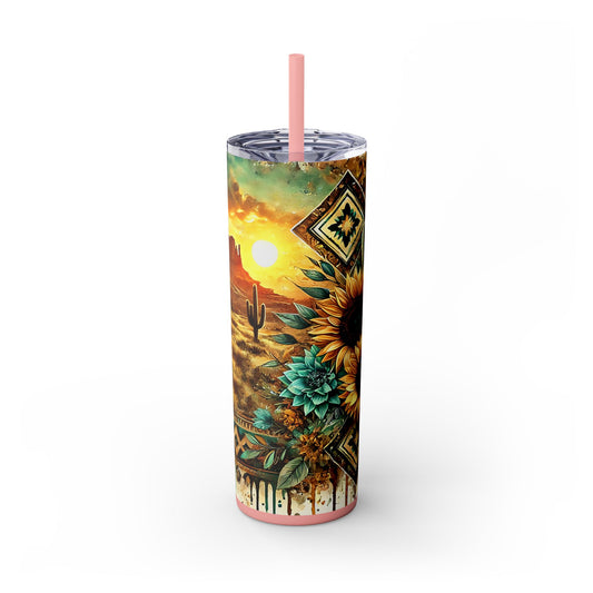 Desert Sunset Skinny Tumbler with Straw, 20oz - Cactus and Sunflower Design for Summer, Road Trips, Gifts, Outdoor Adventures