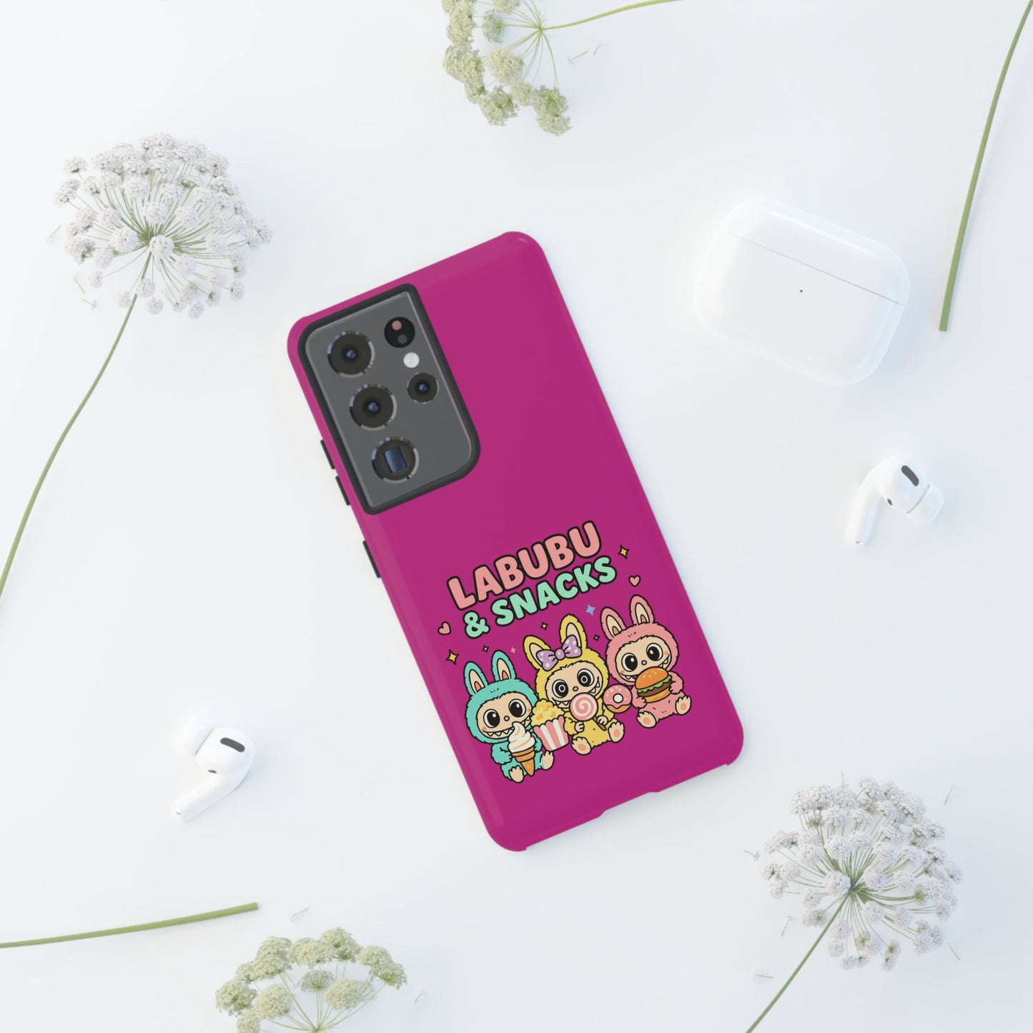Cute Character Phone Case - Labubus & Snacks, Kawaii Accessories, Gift for Food Lovers, Fun Phone Cover, Cute Tech Gear