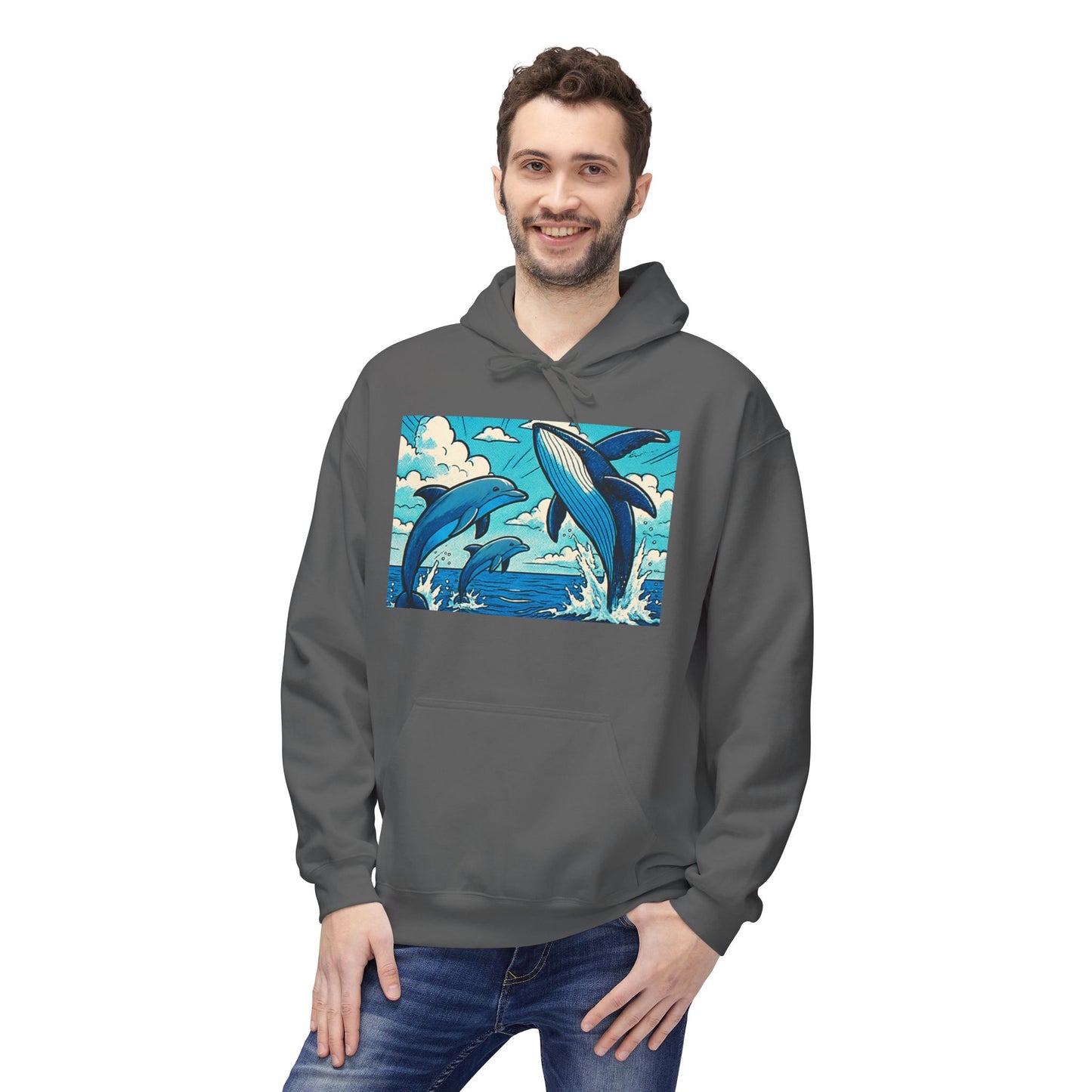 Dolphin Wave Hoodie - Unisex Fleece, Beach Vibes, Gift for Ocean Lovers, Nautical Style, Casual Wear, Summer Essentials