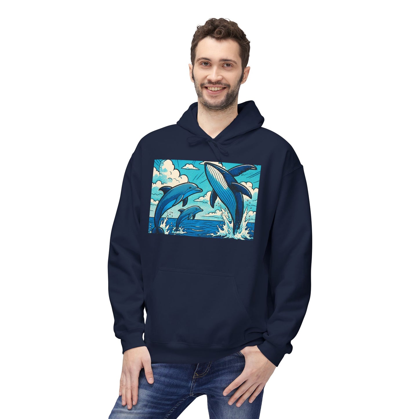 Dolphin Wave Hoodie - Unisex Fleece, Beach Vibes, Gift for Ocean Lovers, Nautical Style, Casual Wear, Summer Essentials