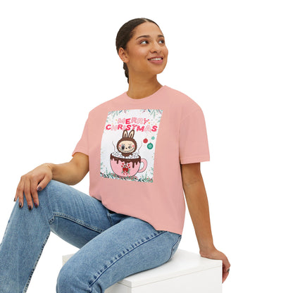 Merry Christmas Bunny Boxy Tee, Cute Christmas Shirt, Holiday Gift, Women's Christmas Top, Festive Tee for Girls