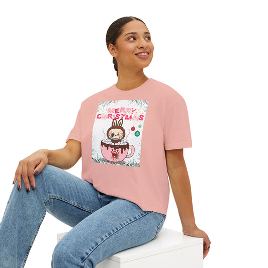 Merry Christmas Bunny Boxy Tee, Cute Christmas Shirt, Holiday Gift, Women's Christmas Top, Festive Tee for Girls