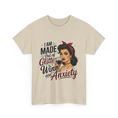 Glitter Wine & Anxiety Tee, Fun Unisex Cotton T-Shirt, Casual Gift for Wine Lovers, Relaxed Fit for Parties, Statement Top