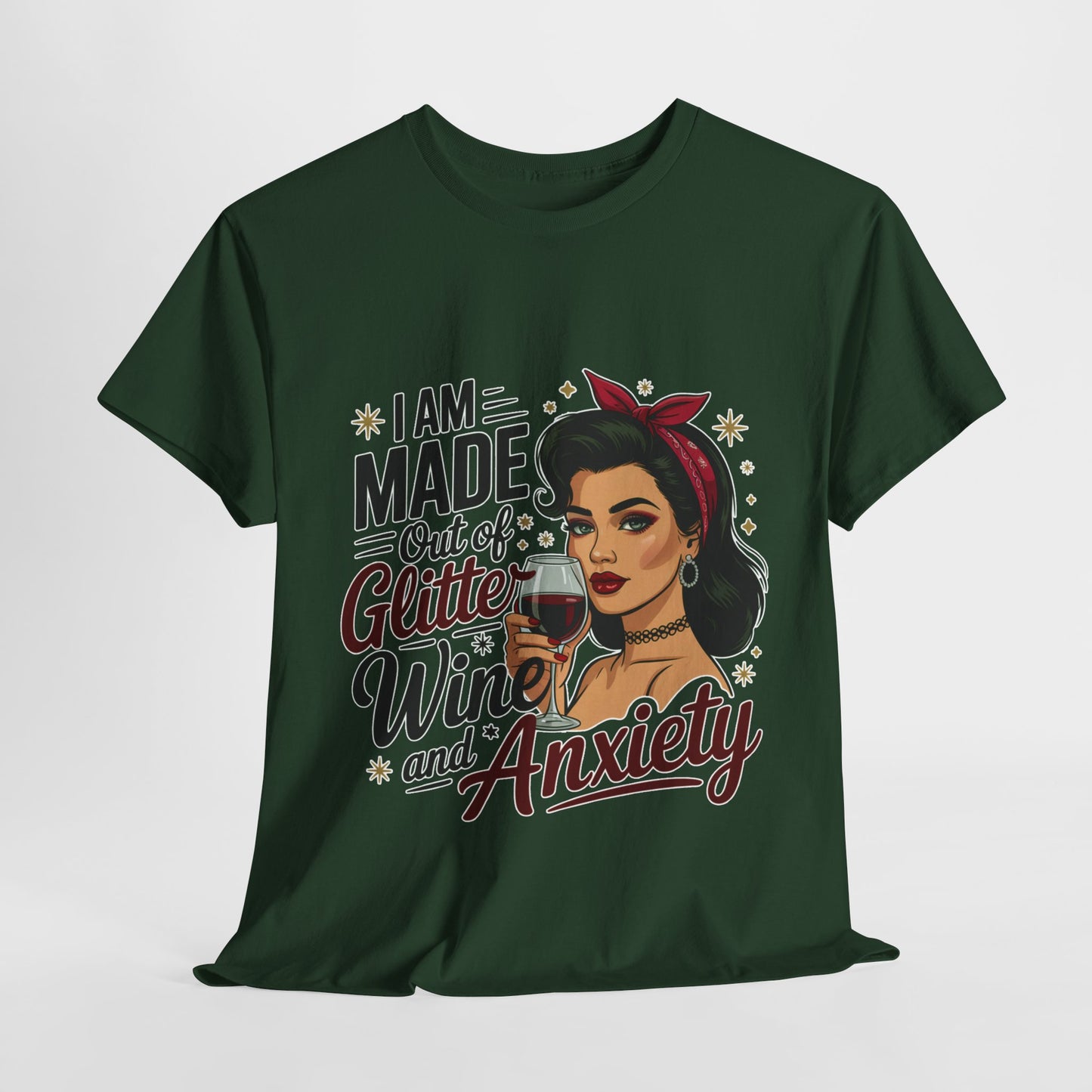 Glitter Wine & Anxiety Tee, Fun Unisex Cotton T-Shirt, Casual Gift for Wine Lovers, Relaxed Fit for Parties, Statement Top