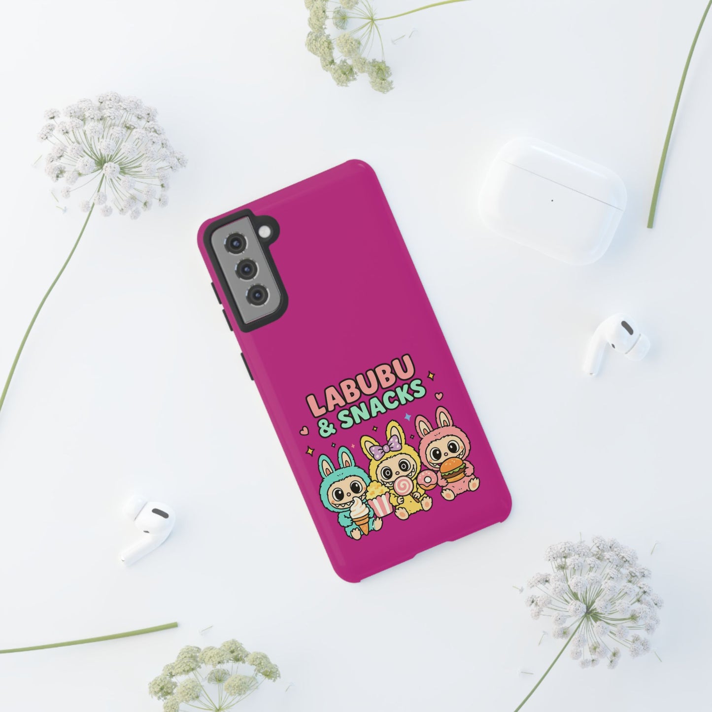 Cute Character Phone Case - Labubus & Snacks, Kawaii Accessories, Gift for Food Lovers, Fun Phone Cover, Cute Tech Gear