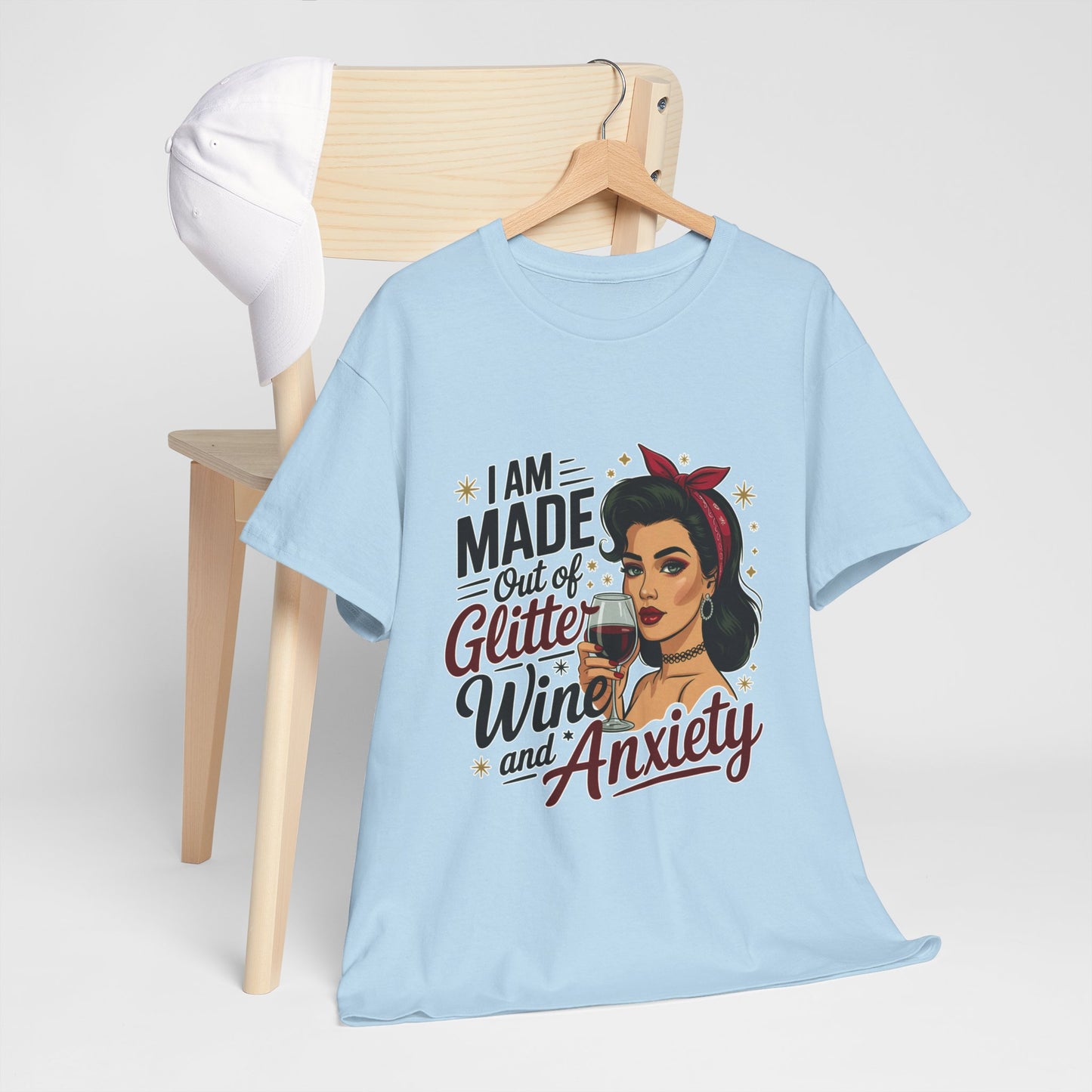Glitter Wine & Anxiety Tee, Fun Unisex Cotton T-Shirt, Casual Gift for Wine Lovers, Relaxed Fit for Parties, Statement Top