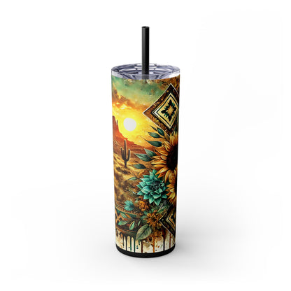 Desert Sunset Skinny Tumbler with Straw, 20oz - Cactus and Sunflower Design for Summer, Road Trips, Gifts, Outdoor Adventures