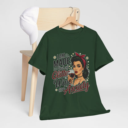 Glitter Wine & Anxiety Tee, Fun Unisex Cotton T-Shirt, Casual Gift for Wine Lovers, Relaxed Fit for Parties, Statement Top