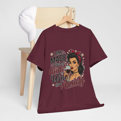 Glitter Wine & Anxiety Tee, Fun Unisex Cotton T-Shirt, Casual Gift for Wine Lovers, Relaxed Fit for Parties, Statement Top