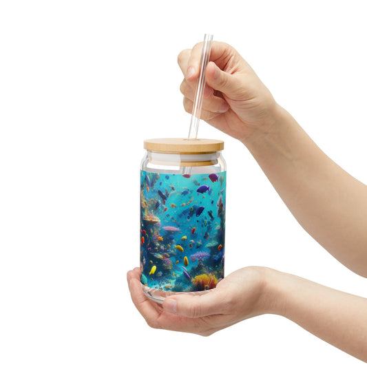 Colorful Ocean Life Sipper Glass, 16oz, Aquatic Beverage Jar, Ocean Lover Gift, Beach Party Cup, Underwater Decor, Eco-friendly Straw