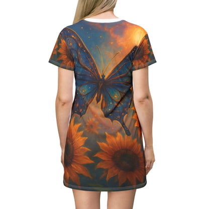Butterfly & Sunflower T-Shirt Dress - Boho Chic Casual Wear, Summer Dress, Festival Outfit, Eco-Friendly Fashion, Unique Gift