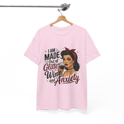 Glitter Wine & Anxiety Tee, Fun Unisex Cotton T-Shirt, Casual Gift for Wine Lovers, Relaxed Fit for Parties, Statement Top