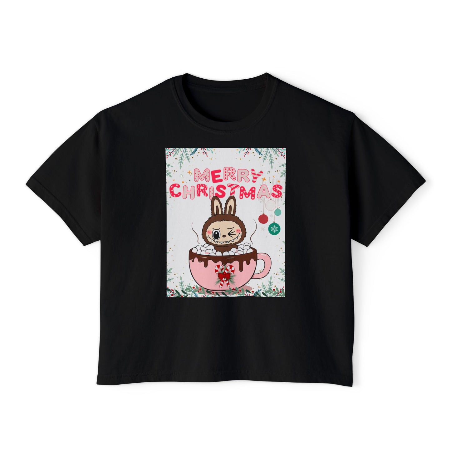 Merry Christmas Bunny Boxy Tee, Cute Christmas Shirt, Holiday Gift, Women's Christmas Top, Festive Tee for Girls