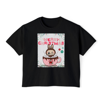 Merry Christmas Bunny Boxy Tee, Cute Christmas Shirt, Holiday Gift, Women's Christmas Top, Festive Tee for Girls