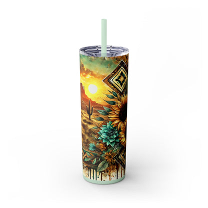 Desert Sunset Skinny Tumbler with Straw, 20oz - Cactus and Sunflower Design for Summer, Road Trips, Gifts, Outdoor Adventures