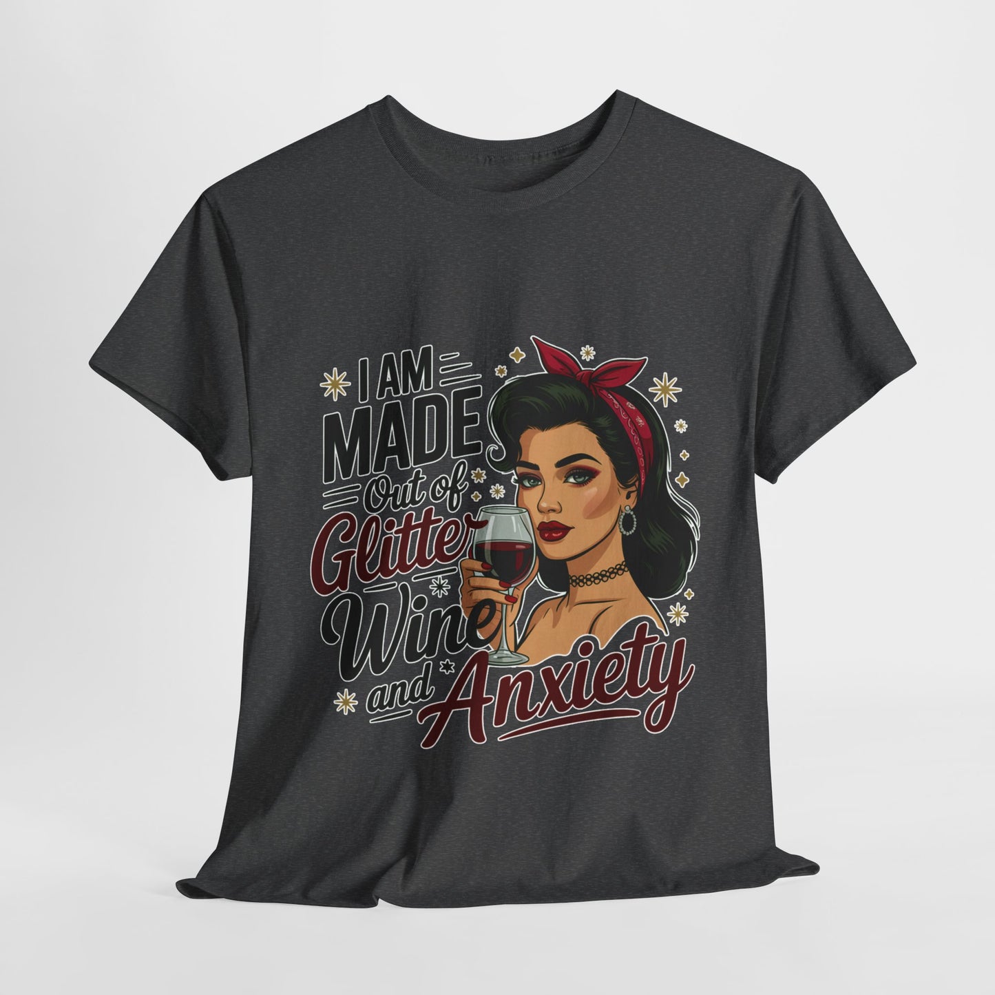 Glitter Wine & Anxiety Tee, Fun Unisex Cotton T-Shirt, Casual Gift for Wine Lovers, Relaxed Fit for Parties, Statement Top