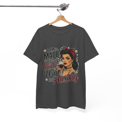 Glitter Wine & Anxiety Tee, Fun Unisex Cotton T-Shirt, Casual Gift for Wine Lovers, Relaxed Fit for Parties, Statement Top