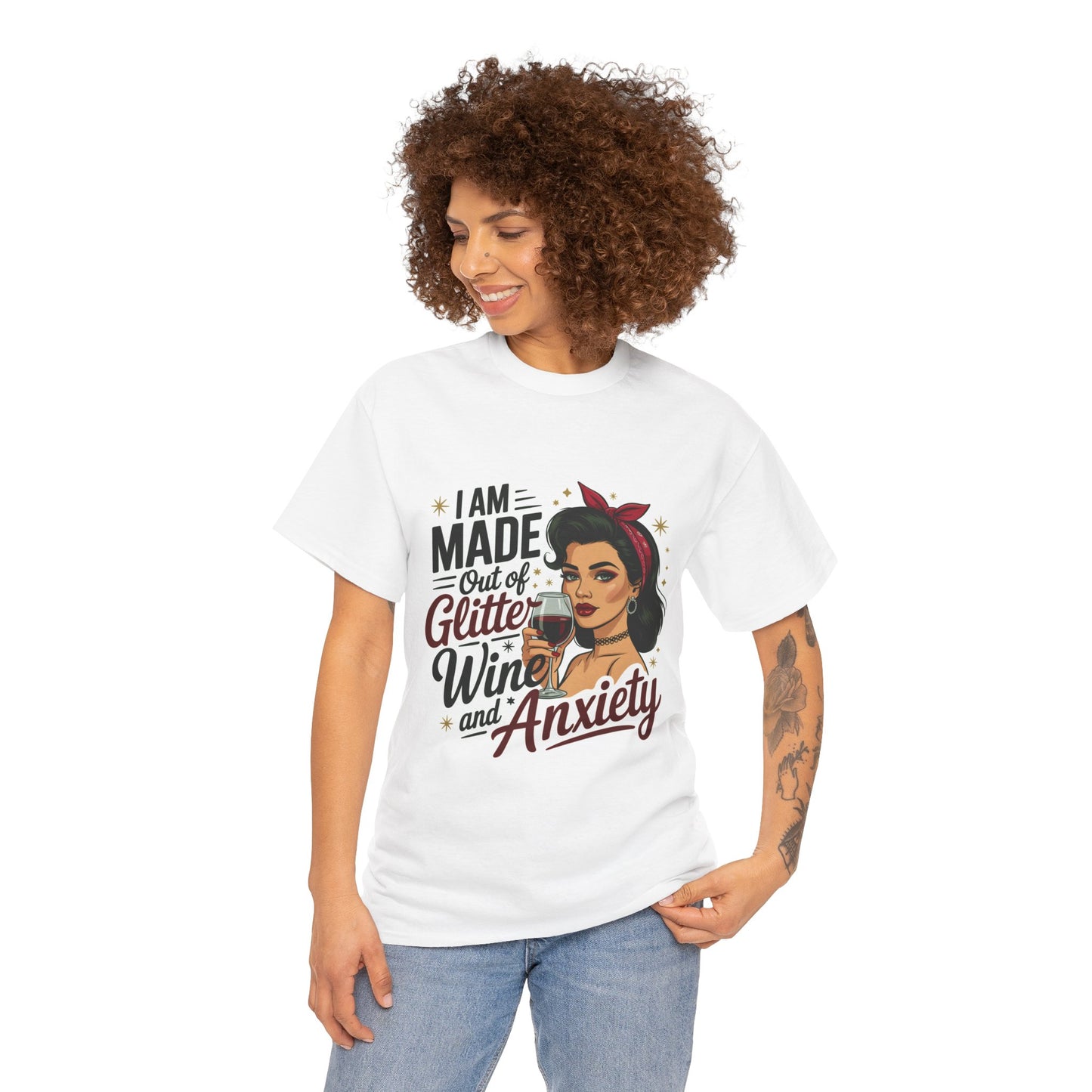 Glitter Wine & Anxiety Tee, Fun Unisex Cotton T-Shirt, Casual Gift for Wine Lovers, Relaxed Fit for Parties, Statement Top