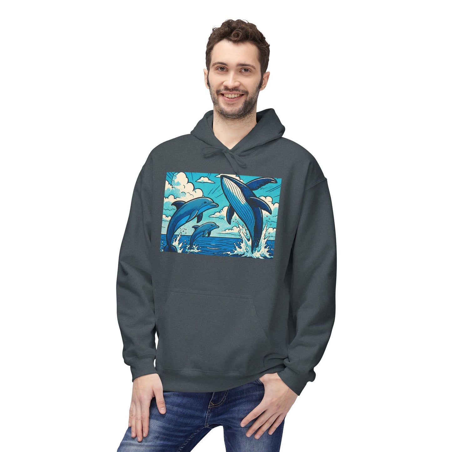 Dolphin Wave Hoodie - Unisex Fleece, Beach Vibes, Gift for Ocean Lovers, Nautical Style, Casual Wear, Summer Essentials