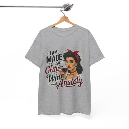Glitter Wine & Anxiety Tee, Fun Unisex Cotton T-Shirt, Casual Gift for Wine Lovers, Relaxed Fit for Parties, Statement Top
