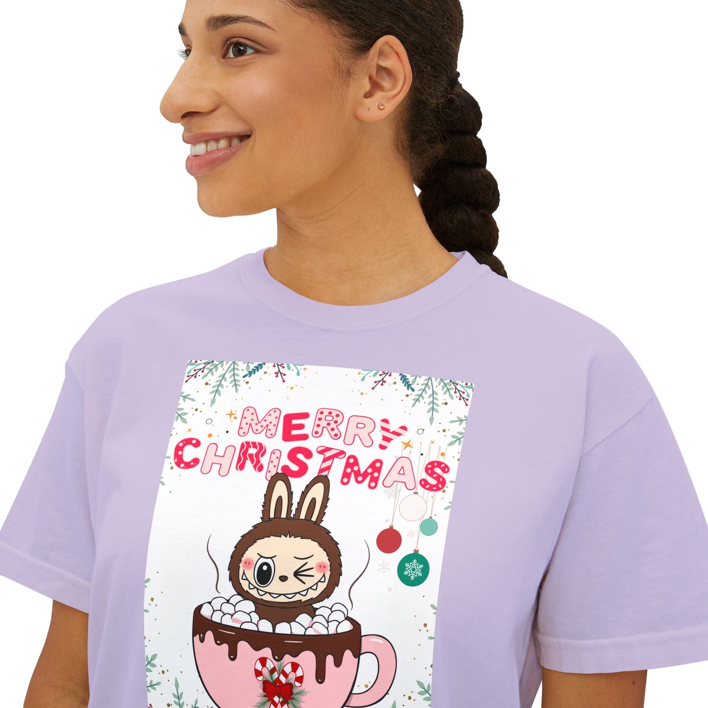 Merry Christmas Bunny Boxy Tee, Cute Christmas Shirt, Holiday Gift, Women's Christmas Top, Festive Tee for Girls