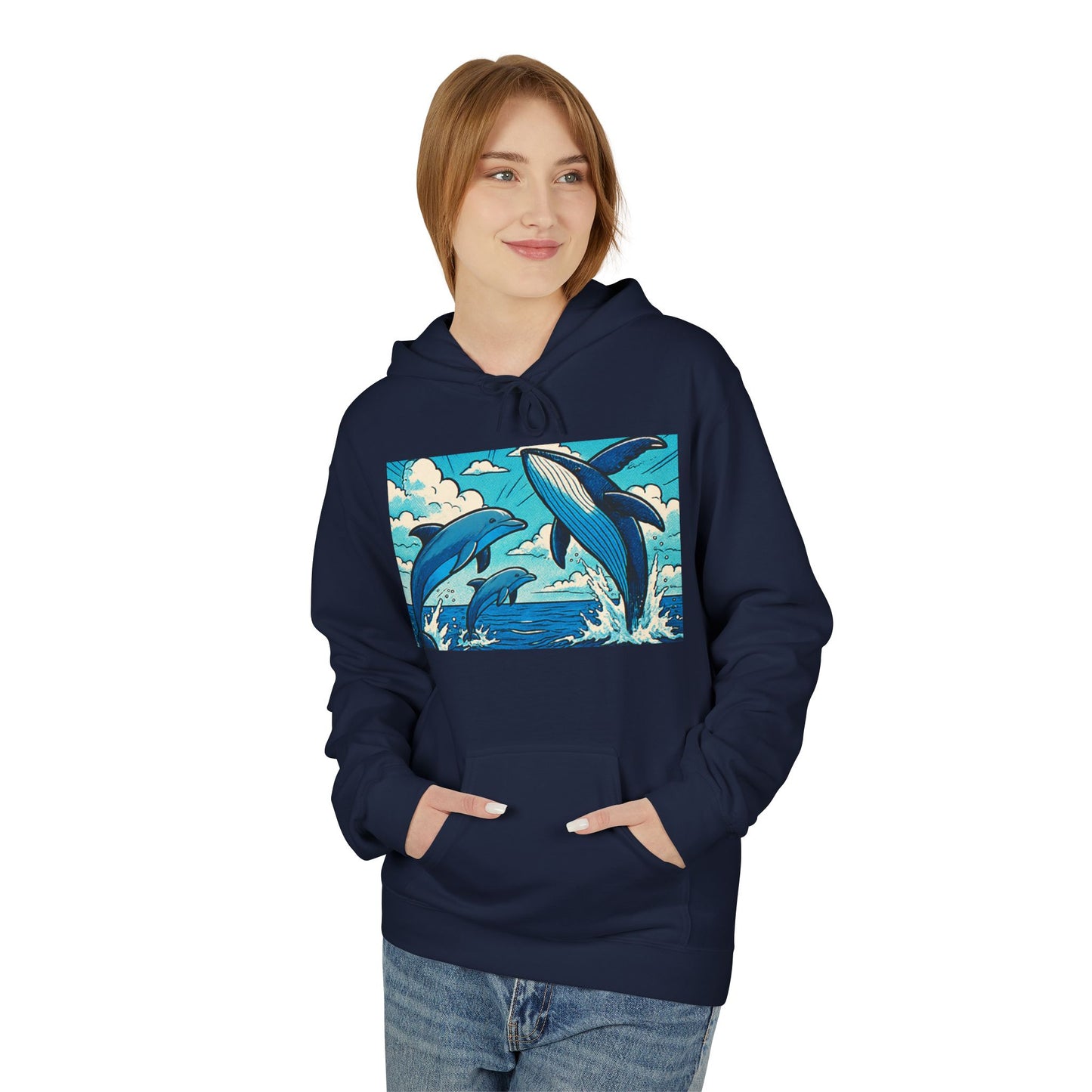 Dolphin Wave Hoodie - Unisex Fleece, Beach Vibes, Gift for Ocean Lovers, Nautical Style, Casual Wear, Summer Essentials
