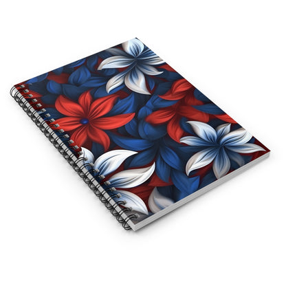 Floral Spiral Notebook - Vibrant Blooms, Perfect for Journaling, Notetaking, Gift for Students, Flower Lovers, Red White Blue Design