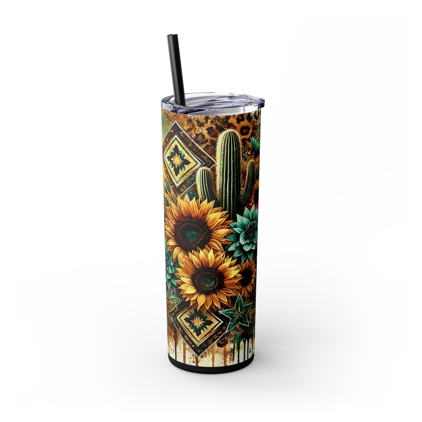 Desert Sunset Skinny Tumbler with Straw, 20oz - Cactus and Sunflower Design for Summer, Road Trips, Gifts, Outdoor Adventures