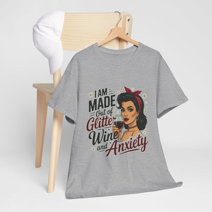 Glitter Wine & Anxiety Tee, Fun Unisex Cotton T-Shirt, Casual Gift for Wine Lovers, Relaxed Fit for Parties, Statement Top