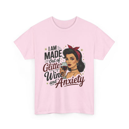 Glitter Wine & Anxiety Tee, Fun Unisex Cotton T-Shirt, Casual Gift for Wine Lovers, Relaxed Fit for Parties, Statement Top