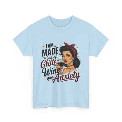 Glitter Wine & Anxiety Tee, Fun Unisex Cotton T-Shirt, Casual Gift for Wine Lovers, Relaxed Fit for Parties, Statement Top